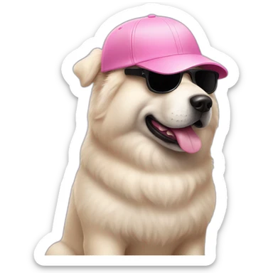 White dog chow chow in Fluffy pink baseball cap and black sunglasses  sticker