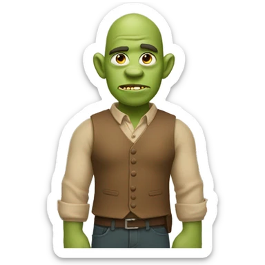 A green ogre wearing a tan shirt with a brown vest sticker