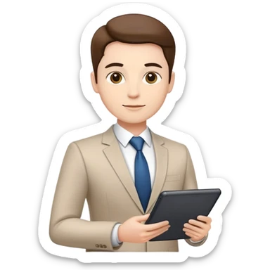 business executive confidently, holding a digital tablet or folder, wears smart business attire sticker