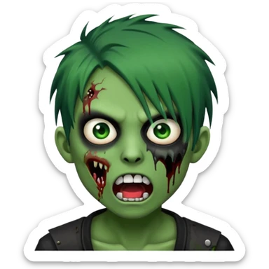  emo zombie black punk hairs green skin with cuts on face and open mouth with fluid coming out of mouth sticker