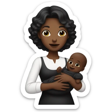 dark haired white race lady holding a black baby sticker