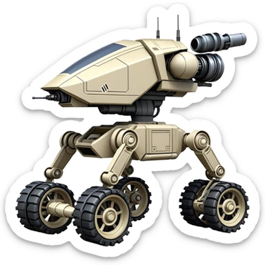 Star Wars jumping accurate 8-wheel armored canine sporty self-balancing massive mech trail vehicle shooting forward side-hill leaning actively robotically articulating hydraulic independent suspended pod gimbal enemy mech off-road racing rover with large fast engine RC basher crawler megatron  sticker