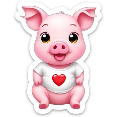 A pink baby pig with a white t-shirt on which there is a red heart, sticker