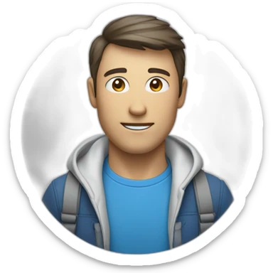 un homme portant un t-shirt bleu avec un logo blanc d’un T dans un cercle  sticker