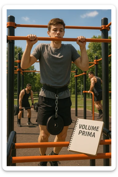 Atleta neofita giovane in un parco attrezzato per streetlifting, fisico ancora in fase iniziale. È intento a eseguire molte ripetizioni di esercizi a corpo libero con pesi leggeri (zavorra moderata), come trazioni e dip su parallele. Accanto a lui un taccuino di allenamento con la scritta 'Volume Prima'. L’atmosfera è luminosa e motivante, con altri atleti più muscolosi che sollevano carichi pesanti, ma lui è concentrato sul gesto tecnico e sulla costanza. Stile realistico, colori naturali, messaggio educativo su priorità all’adattamento progressivo e al volume. sticker