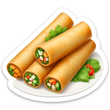 Cinematic Realistic Spring Rolls Dish Emoji, featuring golden, crispy rolls filled with fresh vegetables rendered with detailed textures and warm natural lighting. sticker
