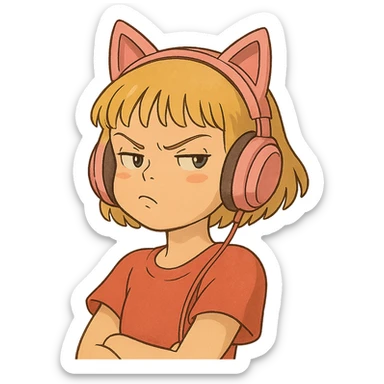 sassy blond girl with short bangs and pink kitty-ear headset sticker