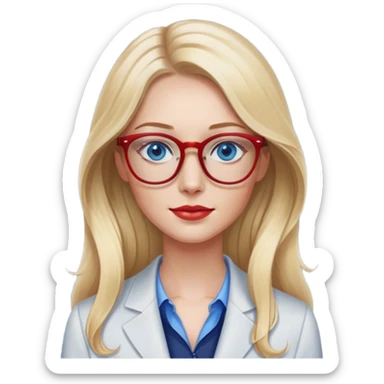 uma mulher de cabelos loiros, olhos azuis, de cabelos compridos com leves ondas, magra, de rosto fino, óculos vermelhos, vestida de forma elegante sticker