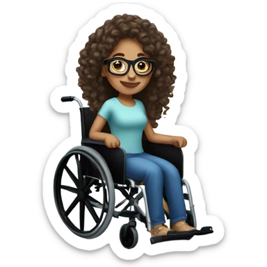 latina with long curly hair, wearing glasses, in a wheelchair sticker
