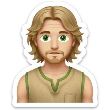 medieval summer outfit worn by a DnD themed fantasy male character. simple sleeveless hemp tunic with a deep round neckline and stitched reinforcements. clothes only above the waist. The clothes full waist. The character's haven't arms. character is white-skinned, light brown hair, green eyes, shoulder-length wavy hair. sticker