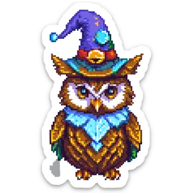 pixel art owl with a wizard hat sticker
