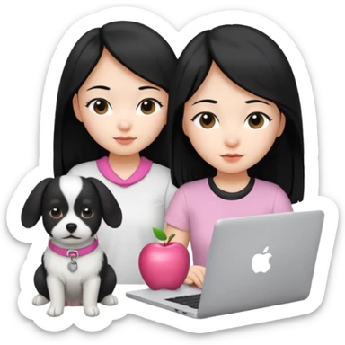 Blue back ground, Asian girl with long black hair , wearing a white t-shirt, working on an Apple laptop, next to her is a small black and white dog with pink collar on  sticker