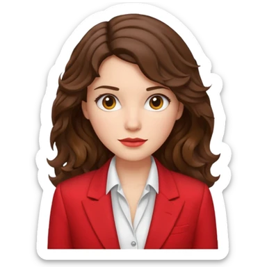 brunette woman with wavy hair, wearing a white dress shirt and red blazer sticker