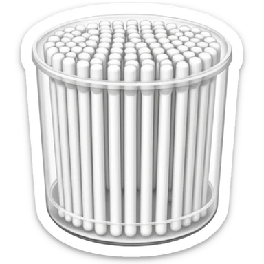 Cotton swabs with round tips in a plastic container, fully packed sticker