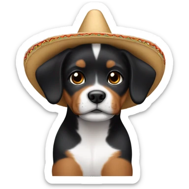 A black and brown pointy ear puppy without white with pointy ears and short fur wearing a sombrero  sticker