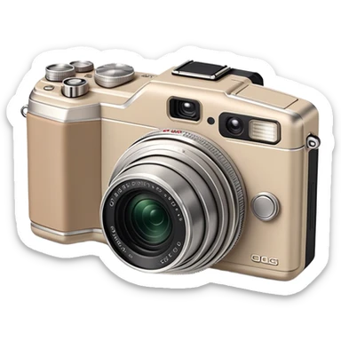 Minimalist beige Olympus Superzoom 70G camera, simplified clean design, basic rectangular shape with minimal details, just enough to identify as Olympus Superzoom 70G, flat style sticker