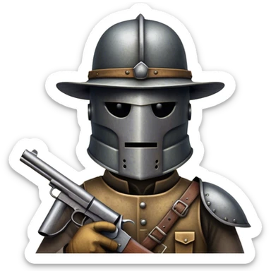 Cinematic Realistic Ned Kelly Portrait Emoji, depicted as the legendary Australian bushranger in his iconic homemade iron helmet and armor, gripping a revolver with a defiant stance. The scene is rendered with gritty textures and dramatic, shadowed lighting, evoking the lawless frontier and his rebellious, fearless legacy. sticker