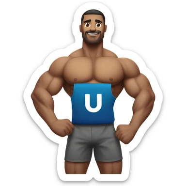 muscular male posing outdoors with UPTHELINK banner behind sticker