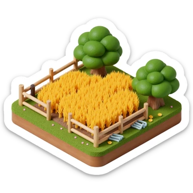 Exterior view of a small cartoon-style farm with a tiny wheat field, a few golden stalks swaying, wooden fence, small irrigation pipes along the soil sticker