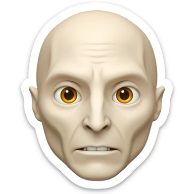 3D emoji of Lord Voldemort's face with pale skin, no nose (flat snake-like nostrils), sharp cheekbones, and intense eyes in glossy emoji style. sticker