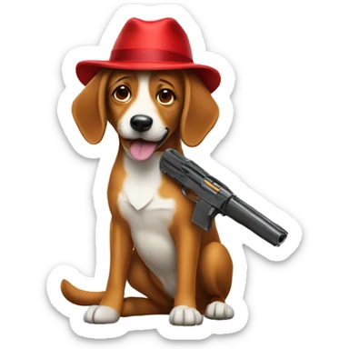 Dog with a gun wearing a red hat sticker