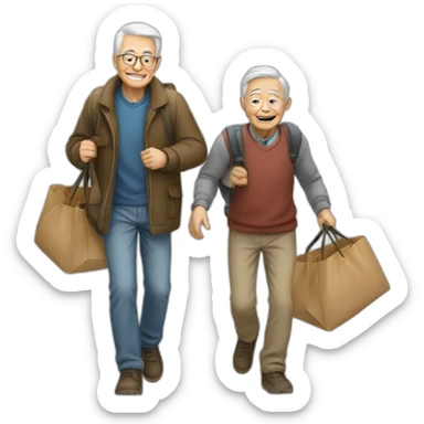 young man helping old man carry bags sticker