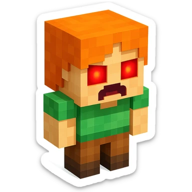 Alex from Minecraft, 3D blocky voxel style, orange hair, green shirt, brown pants, facing forward, angry expression with glowing red eyes, horror style sticker