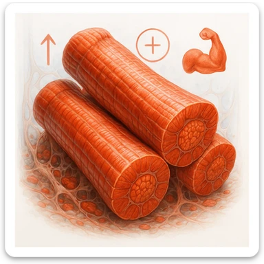 hyper realistic illustration of fast-twitch muscle fibers, high threshold, bulky and highly hypertrophied appearance, cellular details, clinical atmosphere, vivid colors, symbols of growth and power, white background sticker