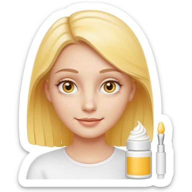 Create a high-quality iPhone-style emoji of a white girl face, with a small amount of yellow eye cream clearly applied under both eyes, realistic shading, smooth gradient colors, rounded and cute 3D cartoon style, subtle smiling expression, simple white b sticker