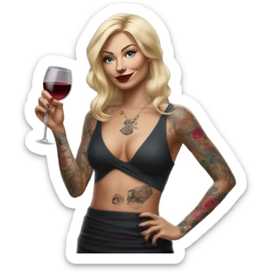 Blonde elegant women, her body covered with tattoos, wine in her one hand, pointing on myself with her other hand , Hyper realistic sticker