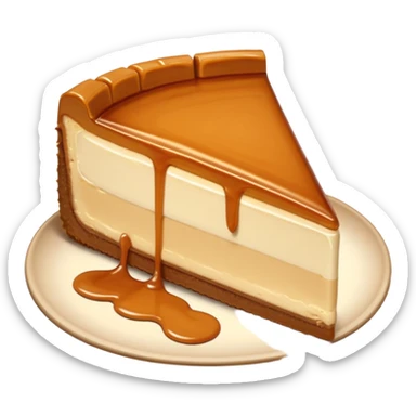 a slice of cheesecake. The base is made of light brown biscuit; the first layer of filling is caramelized dulce de leche, and the upper layer is creamy, light beige, and has a smooth texture. On top, there is a caramelized dulce de leche topping dripping down the center of the slice sticker