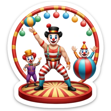 Icon for Circus Arts: a vibrant round circus arena with a strongman in a striped costume,  juggler and a clown performing. The icon should convey the excitement and fun of circus performances, with focus on the performers and the colorful setting. Transparent background. sticker