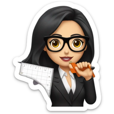 megan fox, wearing big black glasses and black suit, holding a ruler sticker