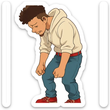 1 male, mid fade haircut dark chestnut brown curly hair, toasted lightskin, white hoodie sleeves up, fashion jeans, red fashion-sneakers shoes, red belt, short trimmed beard and goatee,  style of deku from "my hero academia", doing a "sad" pose sticker