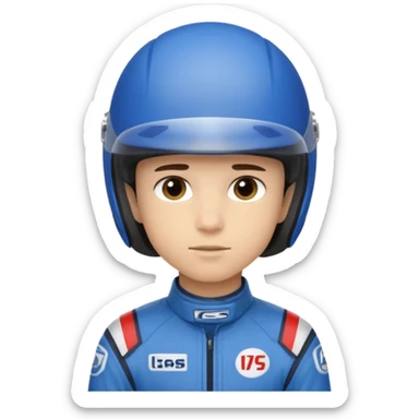A light-skinned boy with short dark hair, wearing a blue racing helmet and an oval face with a neutral look. sticker