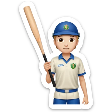 A boy standing in  cricket ground lifting his bat upwards and looking the sky after completing his century sticker