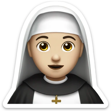 Boy dressed as a nun with a white face and makeup sticker