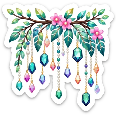 Exotic colorful romantic Few cute tiny Iridescent glistening glossy sparkly shiny glittery hanging crystals pearls and beads and gemstones scenery scenic decorations with branches and flowers sticker