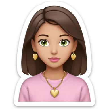 Create a teen girl wearing a light pink sweatshirt. She will have brunette hair, tan skin, pink lips, and grey-green eyes. She has long eyelashes. She is wearing gold stud earrings and a gold necklace with a heart-shaped pendant. sticker