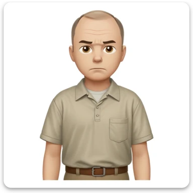 Carl from Sling Blade, serious expression, recognizable features, neutral background, full body, chin sticking out, slouching posture, no glasses, shirt with collar,  side view, the 4th image is good. show his entire body, he is standing. we see him from the side sticker