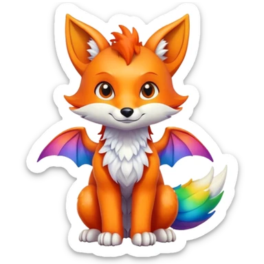 Cartoon Fox dragon hybrid with wings face front full body rainbow colored sticker