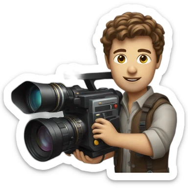 European film director with brown piled short hair holding a cinema camera sticker