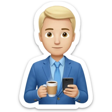 Confident male entrepreneur, Caucasian features, blonde hair, defined eyebrows, slight smile, wearing blue blazer over light blue shirt, holding a smartphone in one hand and a coffee cup in the other, waist-up, front-facing sticker