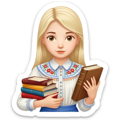 A Ukrainian girl in an embroidered shirt holds many books sticker