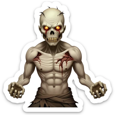 Cinematic Realistic WoW undead civilian Portrait, captured in a fierce, battle-ready stance, muscles taut beneath his tattered, earth-toned attire. His decayed, pallid skin and glowing eyes are rendered with intense lifelike detail and dynamic lighting, high shine, embodying the raw, relentless fury of an undead civilian in the heat of combat. sticker
