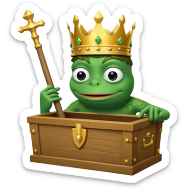 Emoji of an empty wooden coffin with its lid on top, the word ‘ECHO’ carved into the lid. The coffin is shown from the outside. A king-like Pepe the Frog, standing outside the coffin, is hammering nails into the lid to seal it shut. No character is inside the coffin. Not a treasure chest. sticker