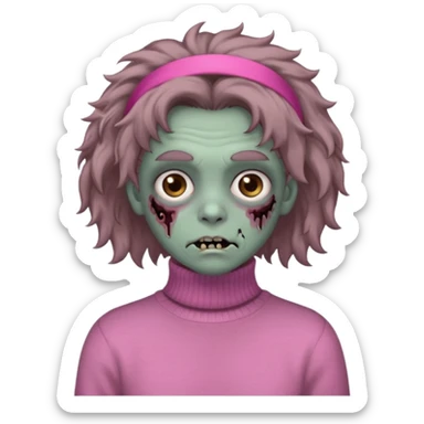 brown fluffy haired grey zombie with pink turtleneck sweater and hair band sticker