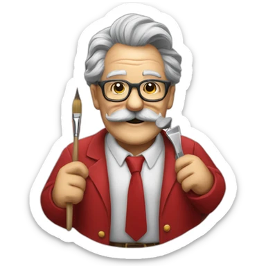 smiling old painter wearing a big grayl horeshoe mustache and glasse. he has a paintbrush in his hand. he wears red shirt and tie sticker