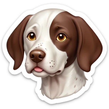 Cinematic Cute German Pointer Portrait Emoji, Head tilted playfully and inquisitively, showcasing a smooth liver and white coat with a healthy sheen, round, sparkling brown eyes filled with curiosity, Simplified yet irresistibly adorable features, highly detailed, glowing with a warm, friendly glow, high shine, affectionate and spirited, stylized with a touch of whimsy, bright and endearing, soft glowing outline, capturing the essence of a mischievous yet loving companion, so playful it feels like it could dash out of the screen and into your arms! sticker