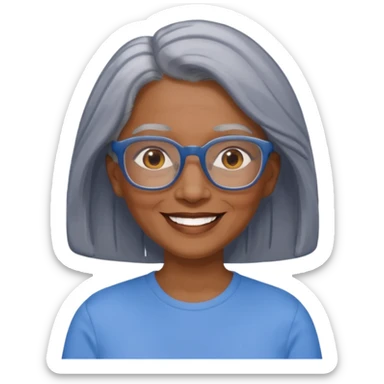 Older woman of color with gray shoulder length  hair and glasses and smiling sticker